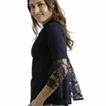 Miss Chase Women's Black Round Neck 3/4 Sleeves Solid Lace Semi Sheer Split Sleeve Choker Style Top