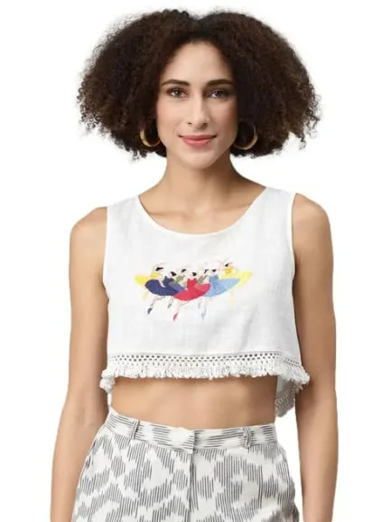 I AM for You White & Multicoloured Embroidered Regular Crop Top