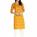 Fabclub Women Rayon Printed Straight Kurti With Palazzo (Mustard Yellow)
