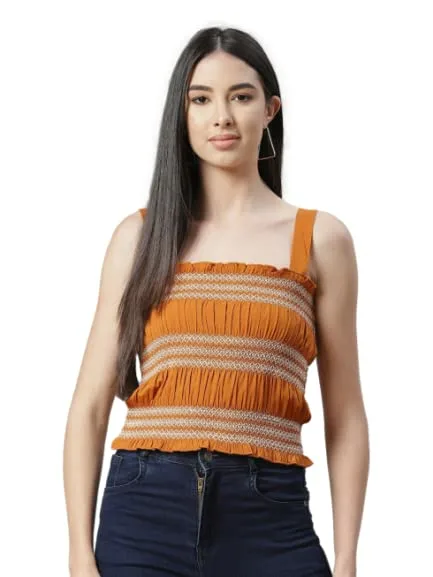 I AM for You Mustard Yellow & White Embroidered Cinched Waist Crop Top