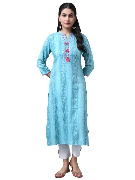 RANGMAYEE Women Blue & White Bandhani Printed Straight Kurta
