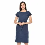 RIGO Blue Cotton Knited Self Textured Half Sleeves Knee Length Dress for Women (Medium)