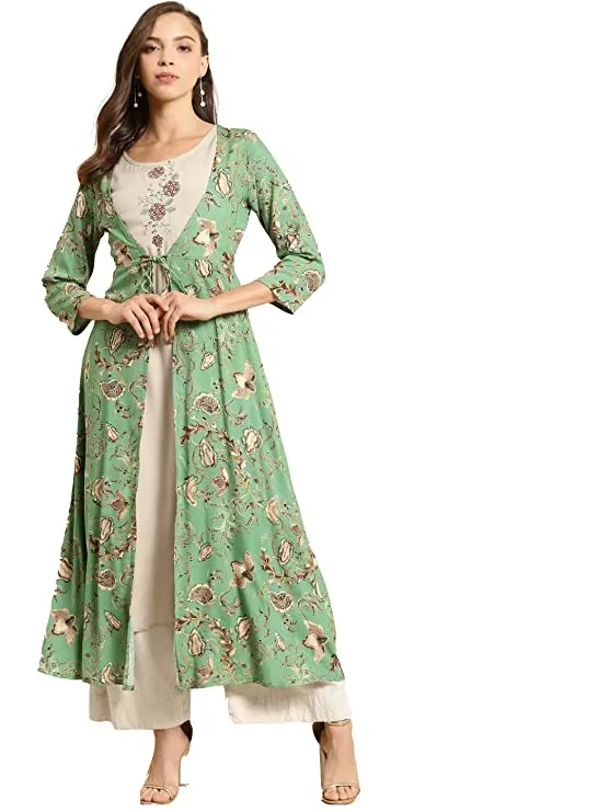 Rangmayee Women Green & Beige Embroidered & Foil Printed Double Layered A-Line Kurta