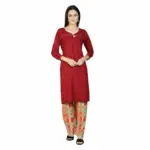 Fabclub Women Maroon Solid Plain Kurta With Multicolor Printed Palazzo