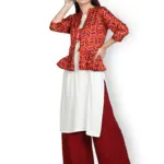 Fabclub Women Pleated Geometric Printed Jacket Kurta With Palazzo (Multi Color)
