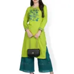 Fabclub Rayon Embroidered Straight Women Kurta With Chikan Palazzo (Lime Green)