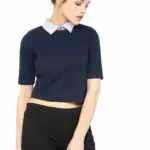 Miss Chase Women's Navy Blue and Grey Collar Neck Half Sleeves Solid Boxy Crop Top