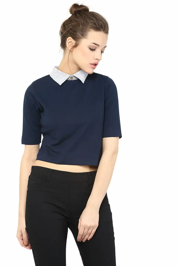 Miss Chase Women's Navy Blue and Grey Collar Neck Half Sleeves Solid Boxy Crop Top