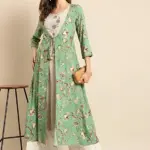 Rangmayee Women Green & Beige Embroidered & Foil Printed Double Layered A-Line Kurta