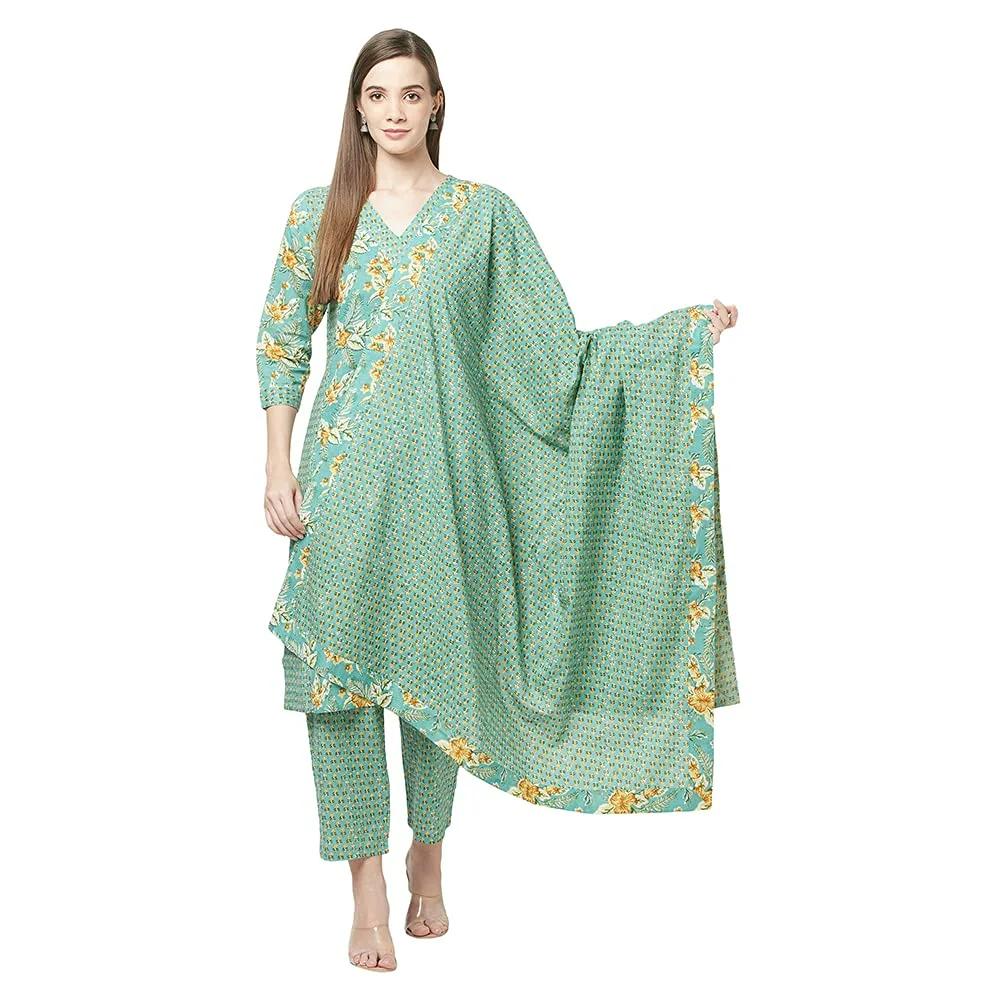 ERISHA Women's Pure Cotton Printed Kurta with palazzo and Dupatta
