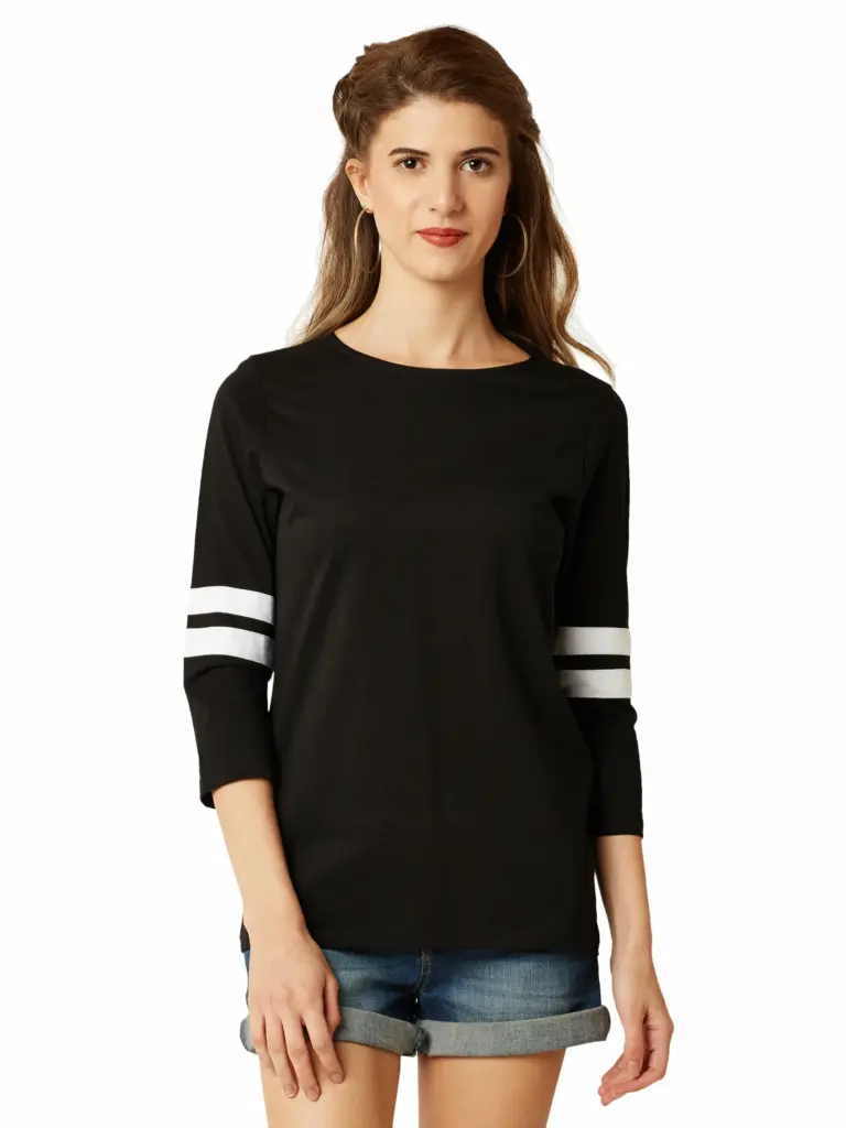 Miss Chase Women's Black Round Neck 3/4th Sleeves Solid Regular Basic Top