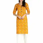 Fabclub Women Rayon Printed Straight Kurti With Palazzo (Mustard Yellow)