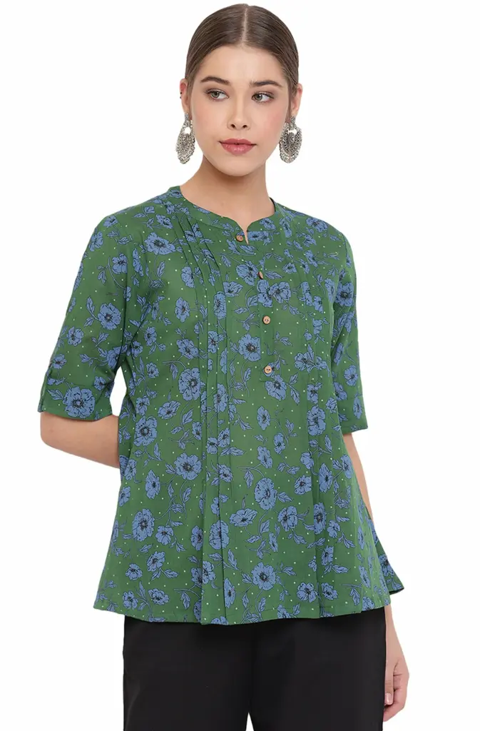 Janasya Women's Green Pure Cotton A-Line Top