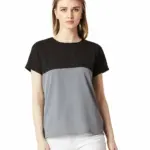 Miss Chase Women's Navy Blue and Yellow Boxy Colour-Block Top