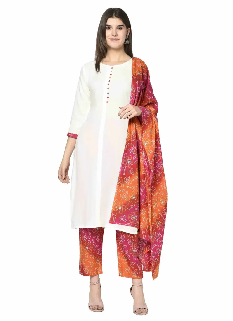 ERISHA Women's Rayon Straight Kurta Pant Set With Dupatta (ER2102WbandejKPD_White)