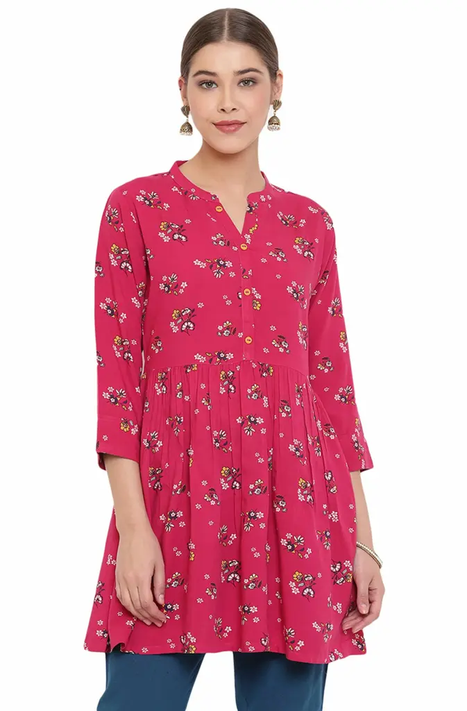 Janasya Women's Pink Rayon Gathered Top