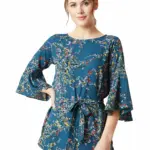 Miss Chase Women's Turquoise Floral Boat Neck 3/4 Ruffled Sleeve Long Tie-Up Top