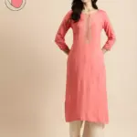 Rangmayee Women's Coral & Gold Foil Print & Zari Embroidery Straight Kurta (Small)