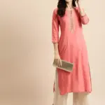 Rangmayee Women's Coral & Gold Foil Print & Zari Embroidery Straight Kurta (Small)
